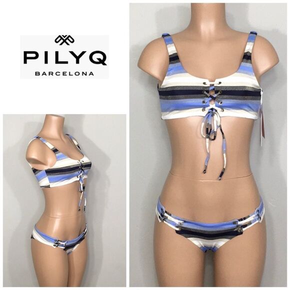 Rare. PILYQ metallic navy, blue, tan, cream stripe lace up bikini. NWT - Picture 1 of 14
